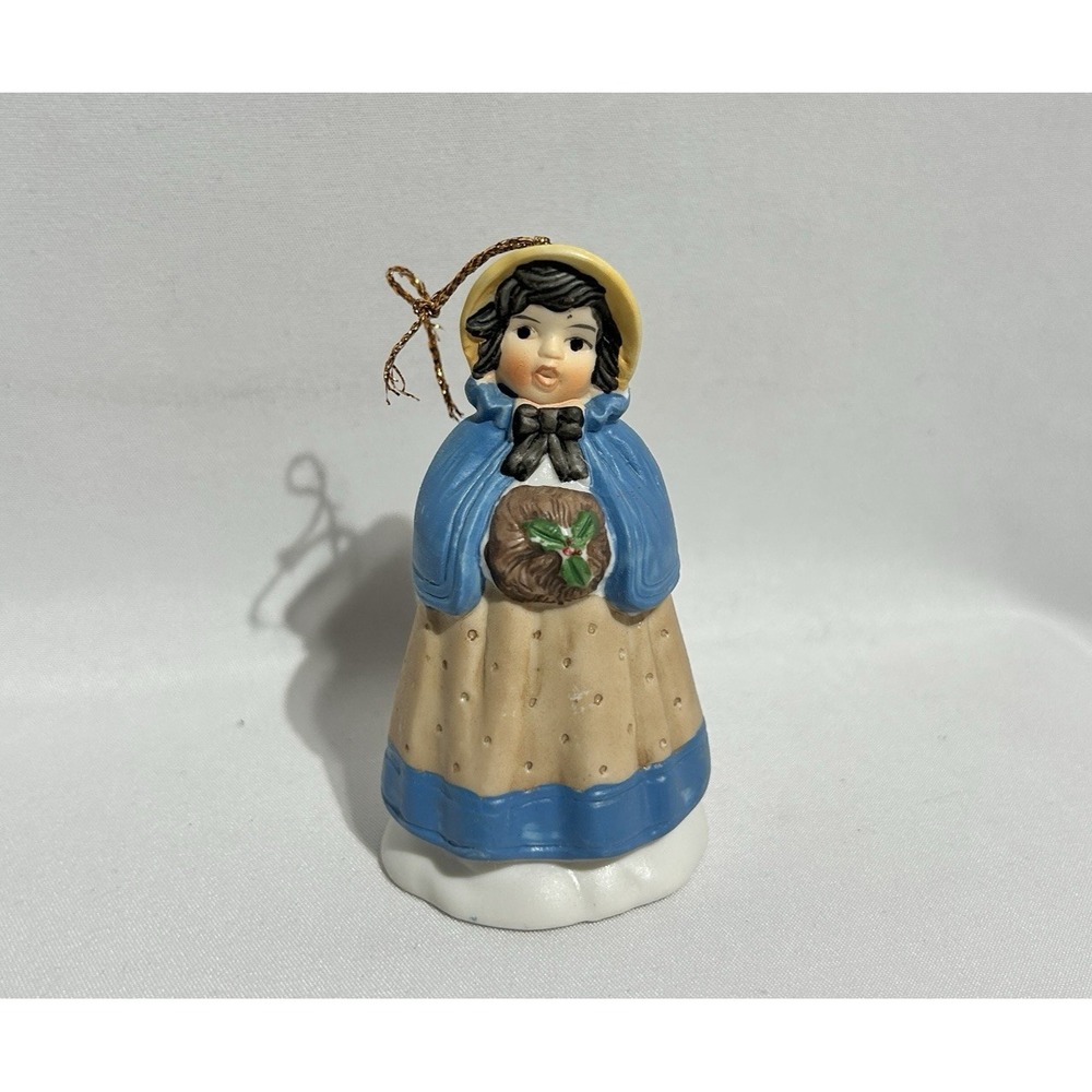 VTG Village Carollers Girl w Muff Bell Christmas Ornament Porcelain Hand Painted